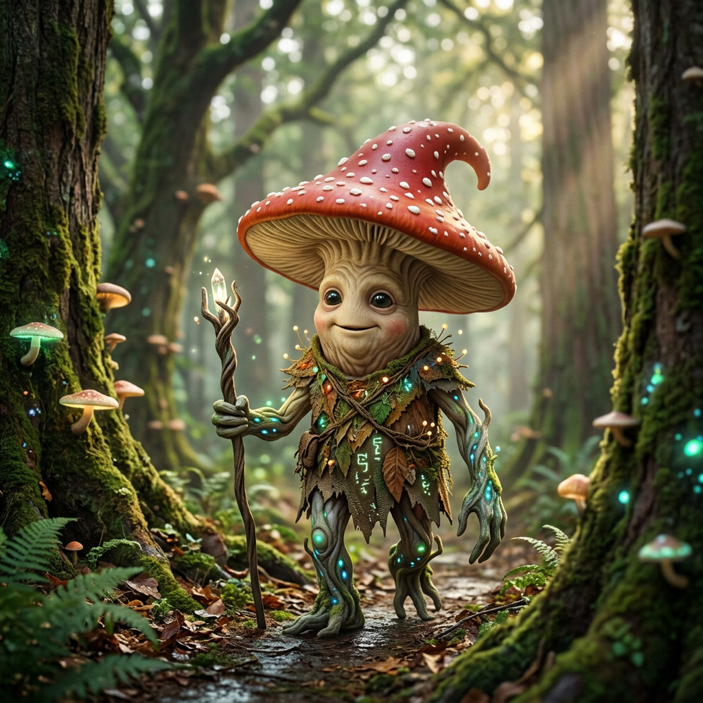 A small mushroom creature with a red spotted cap and glowing blue markings holding a wooden staff in a mossy forest